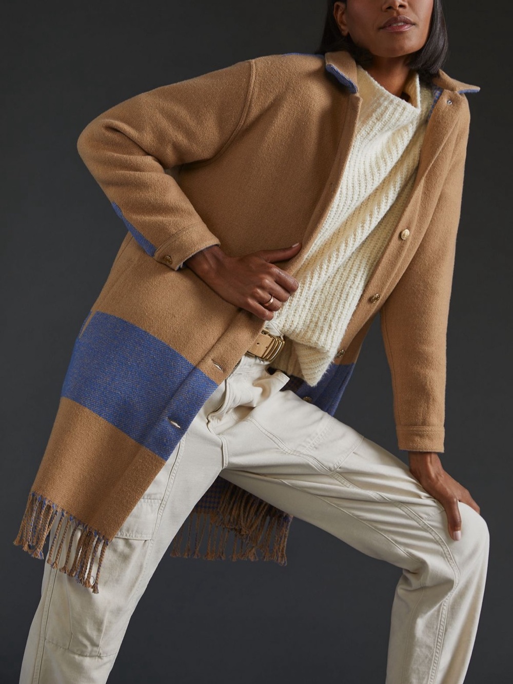 Anthropologie Camel Coat with Blue Stripes & Fringe